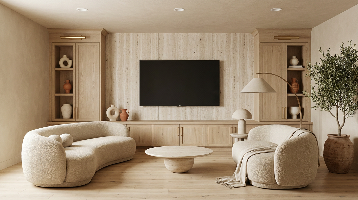Japandi basement living area with low linen sofa, minimal floating shelves, pale ash flooring, and restrained styling